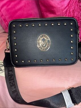 Valentino Black Leather Studded Camera Bag with Gold Emblem